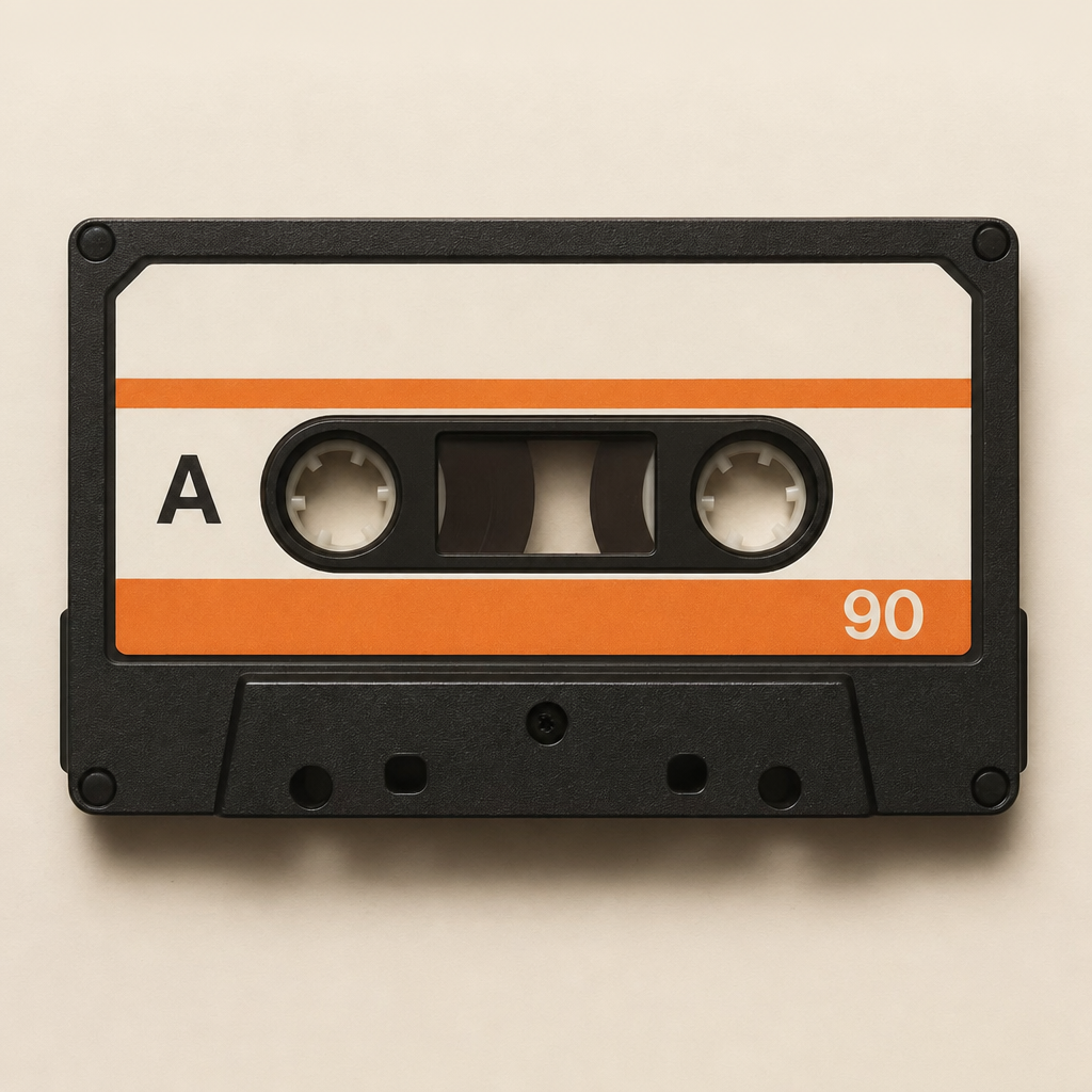 Schwarze Audiokassette mit orange-elfenbeinfarbenem Label, Seite A, 90 Minuten